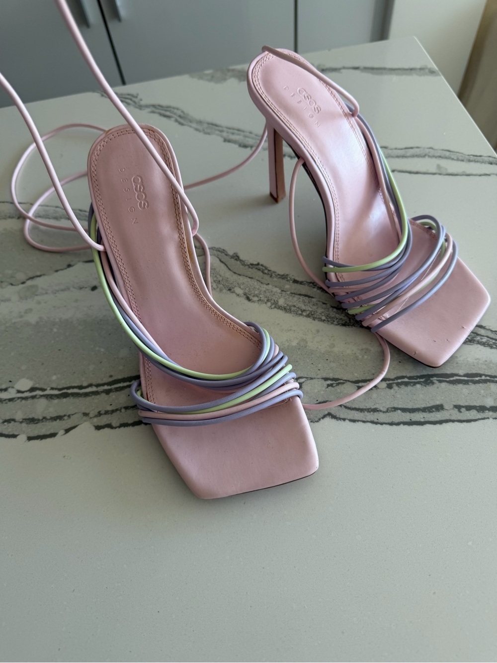 ASOS Pink Pastel Strappy High Heel Sandals with Multicolor Cords